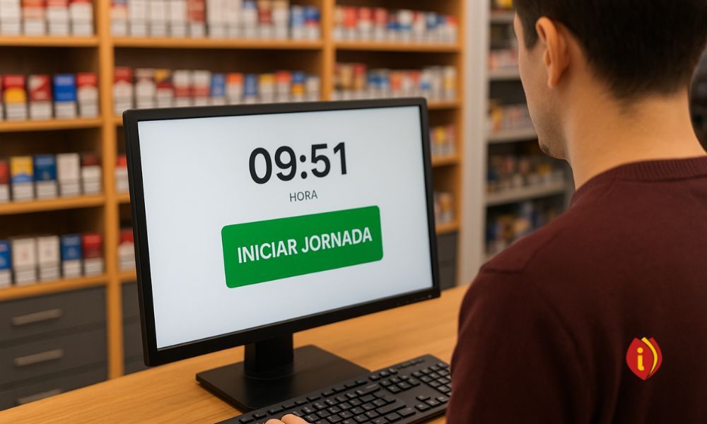 Empleado en un estanco fichando el inicio de jornada en un ordenador con sistema de control horario digital, frente a estanterías de tabaco.