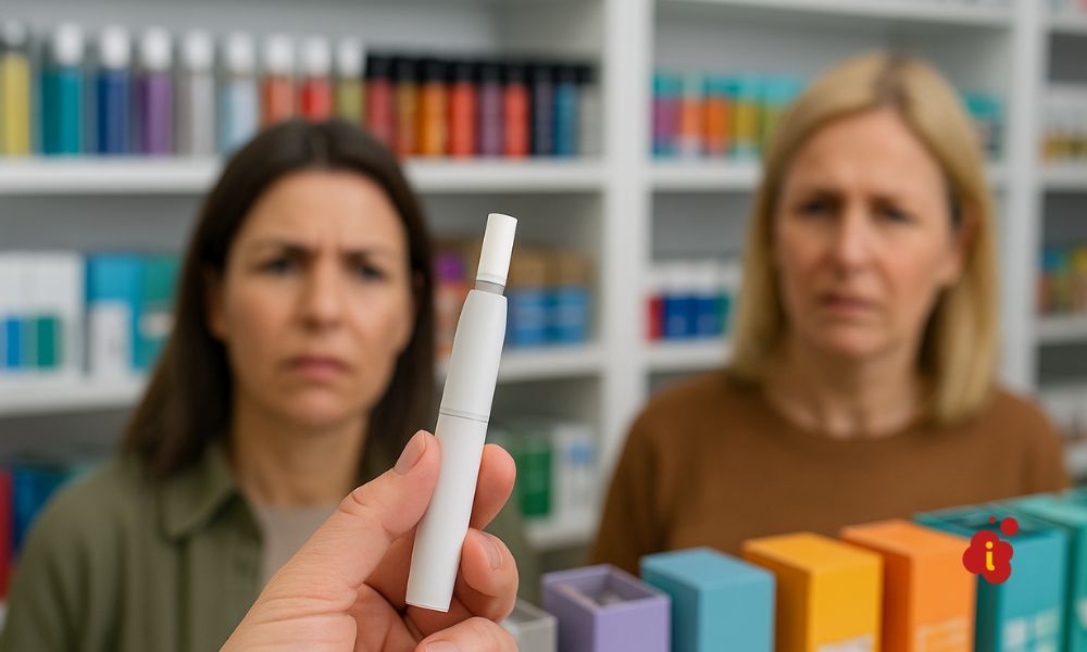 Producto sin combustión en primer plano con mujeres adultas al fondo mirando con expresión confusa en un estanco