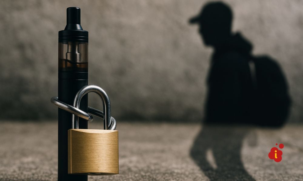 Dispositivo de vapeo bloqueado con candado mientras una figura en la sombra, con gorra y mochila, se perfila al fondo como símbolo del mercado ilegal.