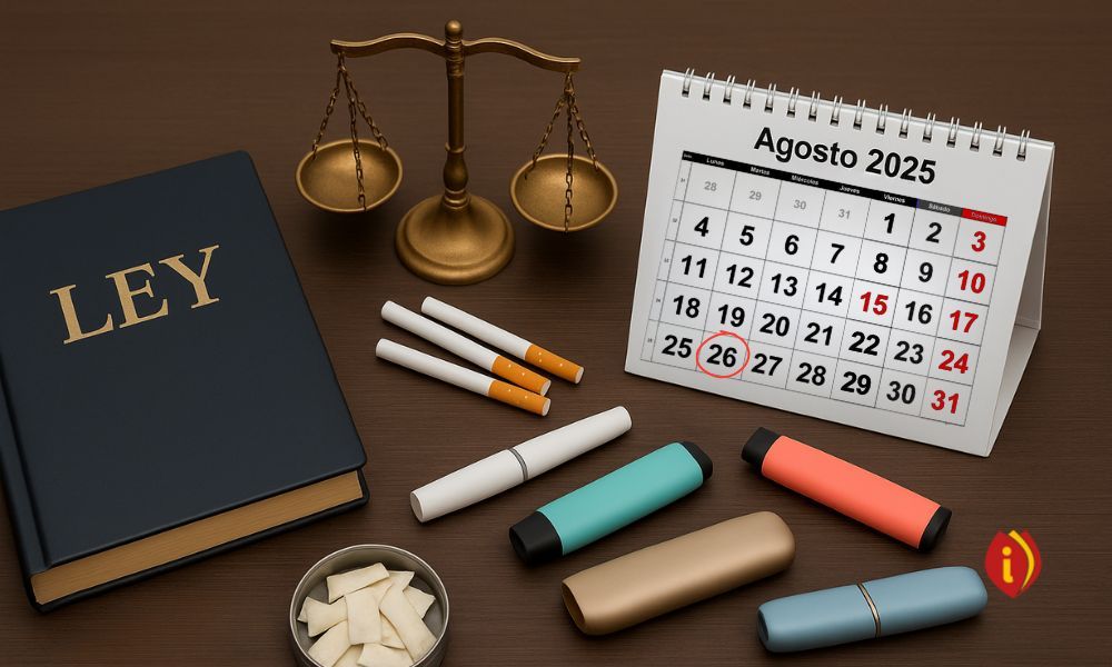 Mesa con libro de ley, balanza de la justicia, productos de tabaco y nicotina, y calendario de sobremesa con el 26 de agosto de 2025 marcado como fecha clave.