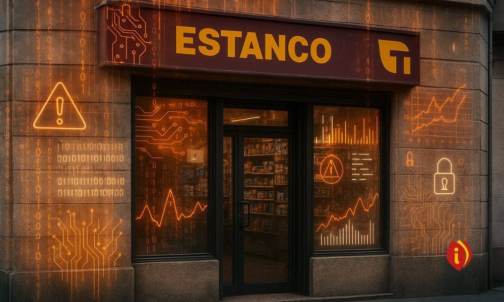 Fachada de un estanco con proyecciones digitales de ciberseguridad, alertas y datos en código binario, símbolo de los riesgos digitales en 2025